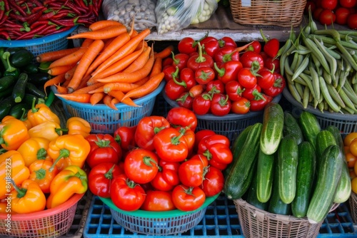 Various vegetables  bell peppers  chili peppers on a market shelf