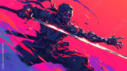 ninja with sword artistic style Brush strokes on psychedelic neon background photo