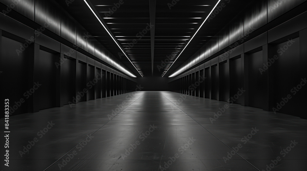 Big black empty clean warehouse. Background image. Created with Generative AI technology. Big black empty clean warehouse. Background image. Created with Generative AI technology.