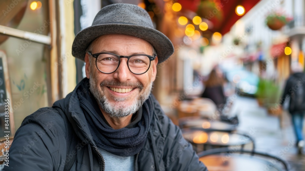 Smiling senior man with glasses enjoying city life at outdoor cafe Smiling senior man with glasses enjoying city life at outdoor cafe