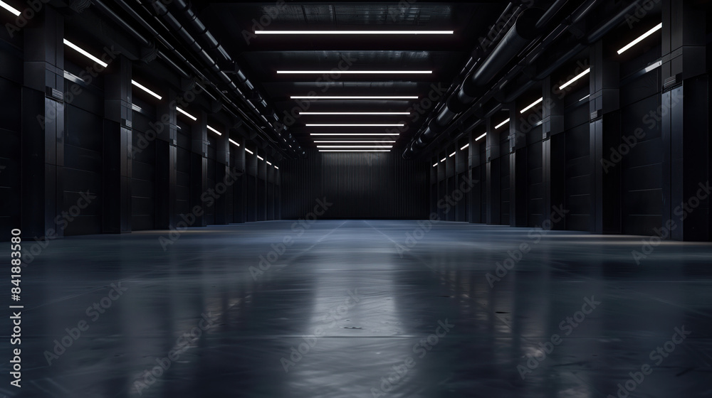 Big black empty clean warehouse. Background image. Created with Generative AI technology. Big black empty clean warehouse. Background image. Created with Generative AI technology.