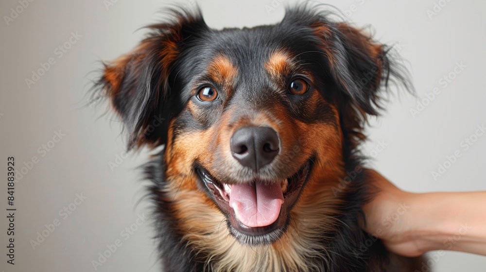 A cheerful dog being lovingly patted on its head against a plain white backdrop. A cheerful dog being lovingly patted on its head against a plain white backdrop.