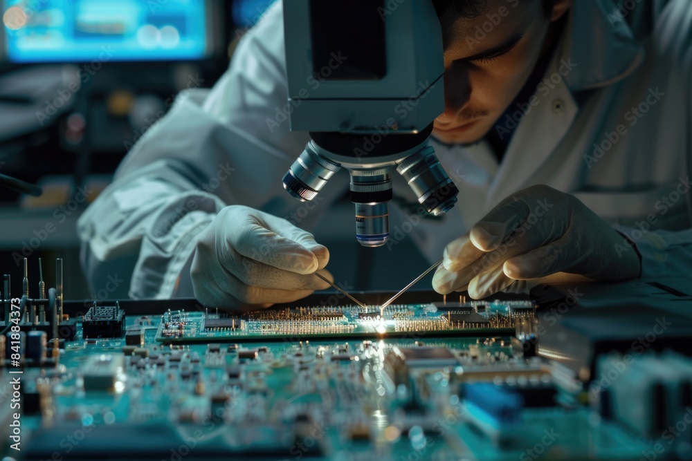 A person assembling electronic components with a microscope A person assembling electronic components with a microscope