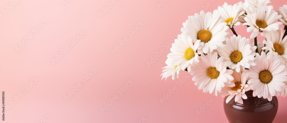 Obraz premium A bouquet of white daisies in a vase on a pink background. The flowers are arranged in a way that they are all facing the same direction, giving the impression of a unified and harmonious display