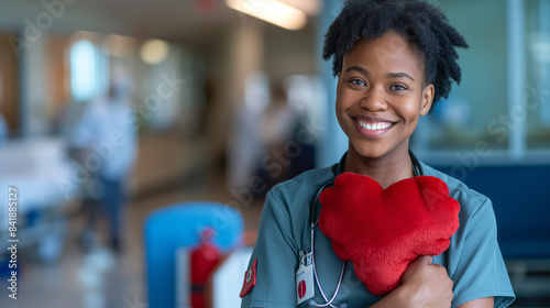 médico sorrindo segurando um coração vermelho de pelúcia em um hospital com fundo desfocado photo