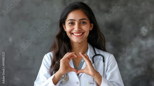 Alegre jovem médica indiana fazendo coração de mão, olhando para a câmera com sorriso feliz, mostrando gesto romântico de amor, cuidado, proteção à saúde, saúde cardiológica photo