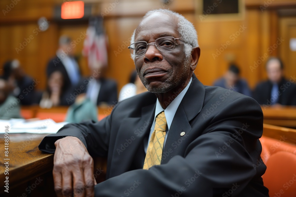 A Black man sits at the defendants table in a courtroom, awaiting his trial. A Black man sits at the defendants table in a courtroom, awaiting his trial.