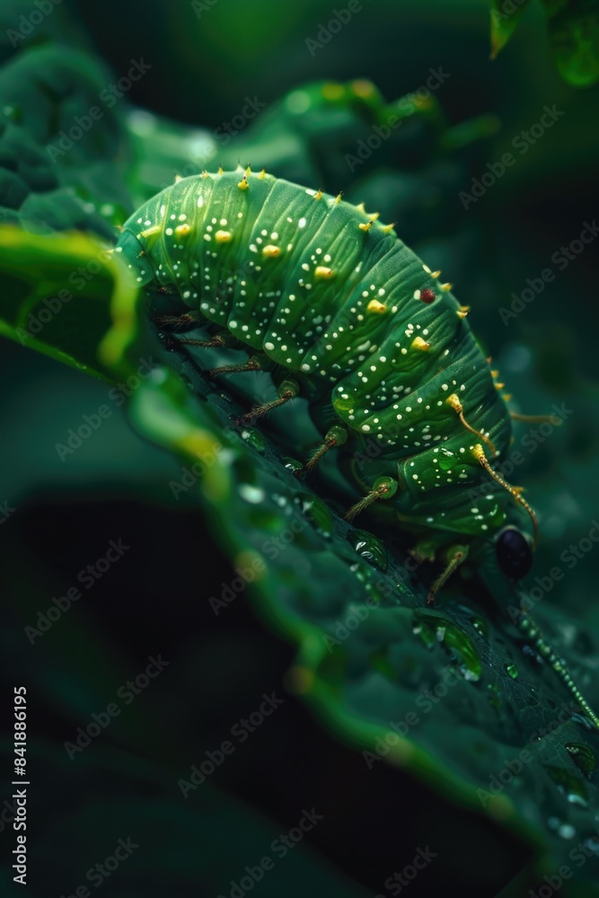 A close-up shot of a caterpillar sitting on a leaf, providing a clear view of its body and the surrounding environment A close-up shot of a caterpillar sitting on a leaf, providing a clear view of its body and the surrounding environment