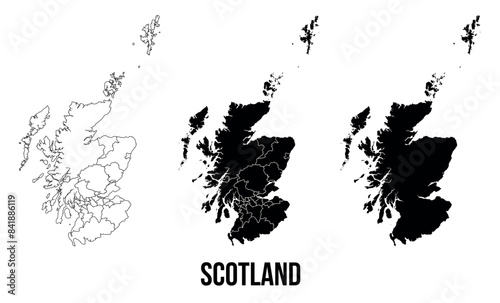Scotland map of regions districts vector black on white and outline