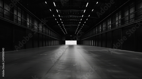 Big black empty clean warehouse. Background image. Created with Generative AI technology.