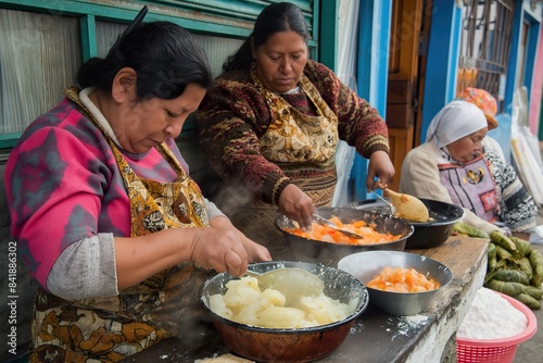 Two women prepare a traditional Mexican breakfast dish, guajolota, using a large pot and a spatula. photo