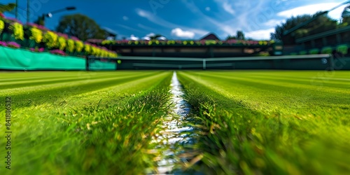 Closeup of freshly cut grass on vibrant tennis court ready for tournament. Concept Sports Photography, Tennis Court, Freshly Cut Grass, Tournament, Outdoor Photoshoot photo
