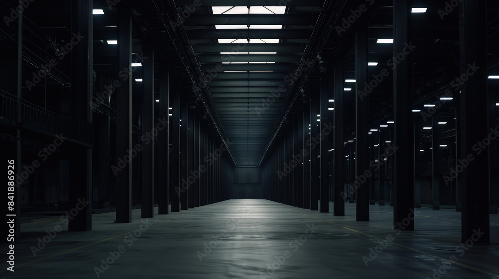 Big black empty clean warehouse. Background image. Created with Generative AI technology. Big black empty clean warehouse. Background image. Created with Generative AI technology.