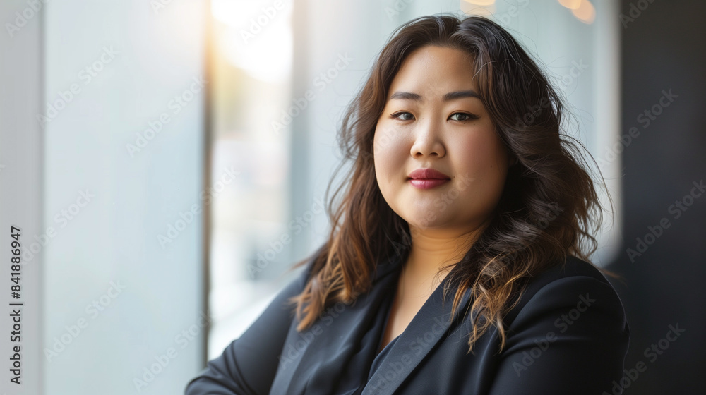 copy space, stockphoto, plus size asian businesswoman in an office environment. Succesful hispanic business woman standing in an office. Confident successful woman.