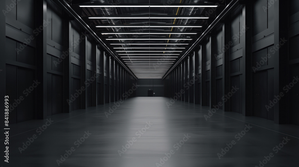 Big black empty clean warehouse. Background image. Created with Generative AI technology. Big black empty clean warehouse. Background image. Created with Generative AI technology.