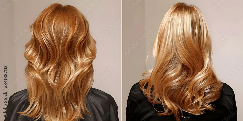 Before and after photos of a blonde womans back view hairstyle. Concept Hair Transformation, Blonde Hair, Hairstyle Makeover, Back View, Before and After Photos Before and after photos of a blonde womans back view hairstyle. Concept Hair Transformation, Blonde Hair, Hairstyle Makeover, Back View, Before and After Photos