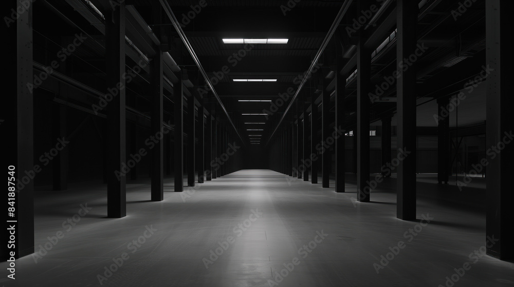 Big black empty clean warehouse. Background image. Created with Generative AI technology. Big black empty clean warehouse. Background image. Created with Generative AI technology.