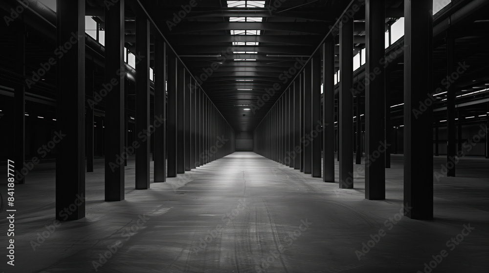 Big black empty clean warehouse. Background image. Created with Generative AI technology. Big black empty clean warehouse. Background image. Created with Generative AI technology.