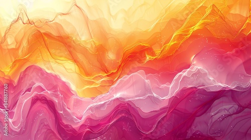 A vivid abstract animation depicts flowing waves in vibrant pink, purple, and yellow tones, resembling a dynamic sunset landscape with an artistic digital touch. Its colorful and inspirational photo