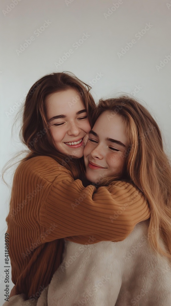 Vertical AI illustration two women hugging and smiling in cozy sweaters. People concept.
