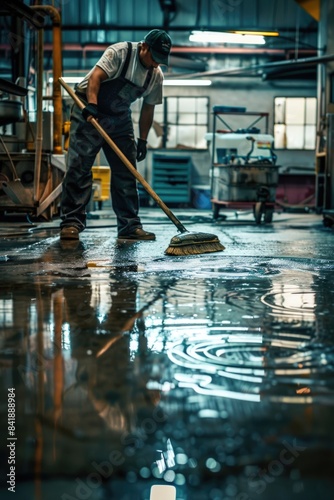 A person using a broom to clean up water on a floor