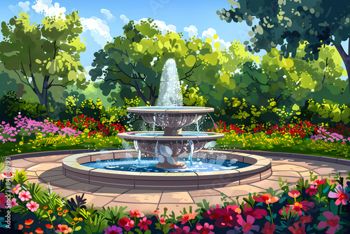 Watercolor antique fountain, architectural garden element, ancient sculpture, Baroque fountain in the park, beautiful fountain, magical fountain, vector, 3d rendering, cartoon style