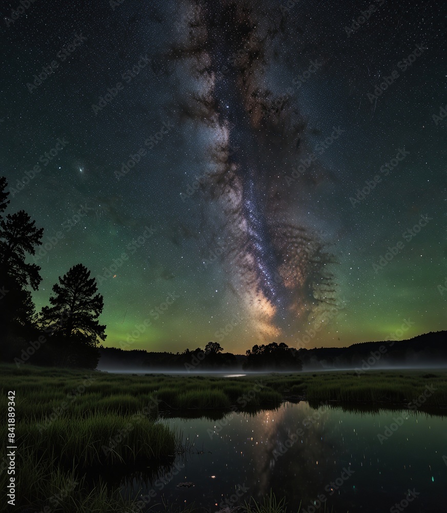 Fototapeta premium The Milky Way and Green Airglow Illuminate a Mystical Waterfall, Night Photography, Illuminated Sky, Surreal Nightscape, Celestial Symphony