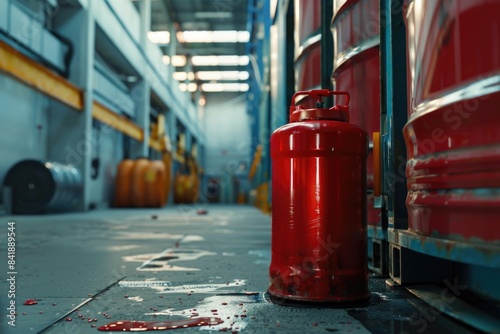 A red fire hydrant sitting on the floor in a warehouse setting, suitable for use as a background or prop