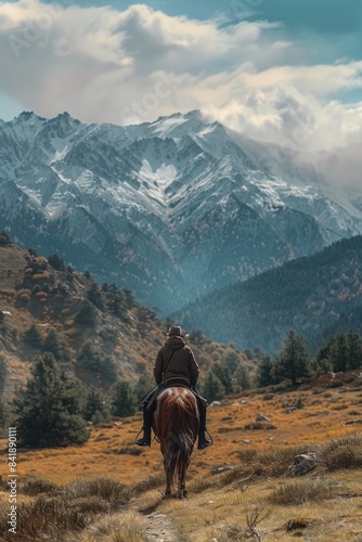 Man on horseback riding down a dirt road  scenic countryside view