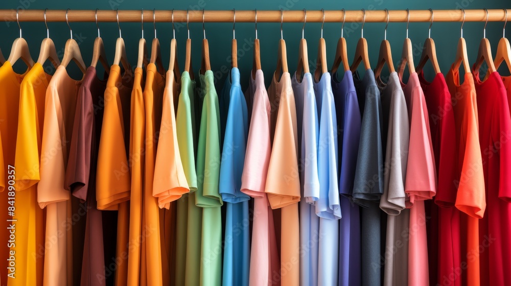 A rack of colorful shirts hanging up. The shirts are of various colors and styles, and they are all neatly hung up. Concept of organization and order A rack of colorful shirts hanging up. The shirts are of various colors and styles, and they are all neatly hung up. Concept of organization and order