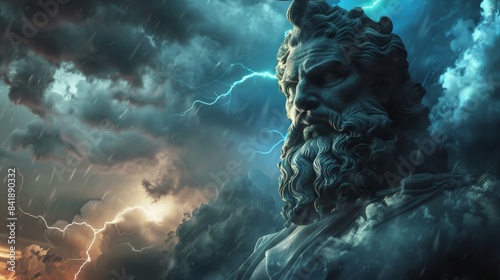 The God Zeus on the background of a gloomy sky with lightning.