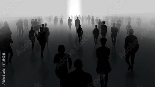 Silhouettes of many people walking slowly in fog. People, spirits, phantoms, walking in mist, haze, after life plane. Slow motion. 3d render illustration