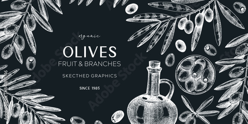 Olive oil banner design. Olives, tree branches, oil bottle sketches on chalkboard. Mediterranean food background. Hand-drawn vector illustration. NOT AI generated.