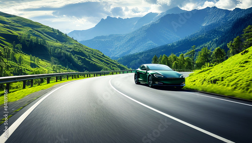 EV (Electric Vehicle) electric car is driving on a winding road 