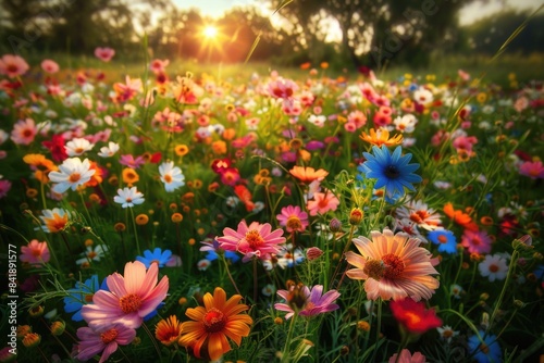 A field of colorful flowers against a warm sunset backdrop  ideal for travel  nature  or lifestyle stock photography