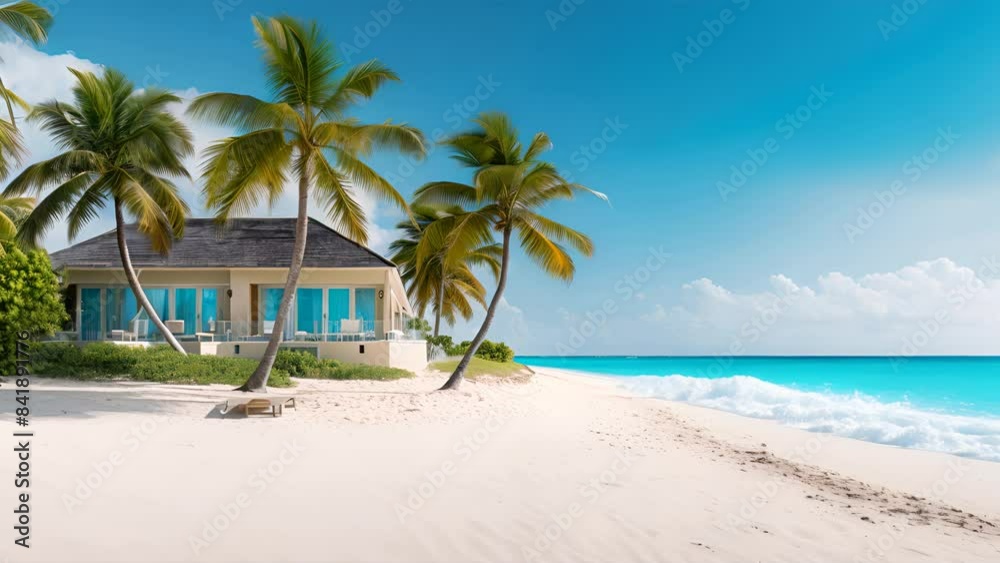 Scenic tropical beach with swaying palm trees offers a paradise for your summer vacation Scenic tropical beach with swaying palm trees offers a paradise for your summer vacation