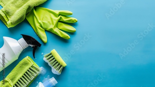 brush spray cleaning rag soap and green gloves isolated on the blue background