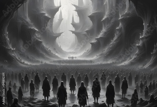 Black-and-white drawing shows a crowd of people and we can only see their backs. The concept of depersonalization of the masses, as all people are gray and stand densely in space