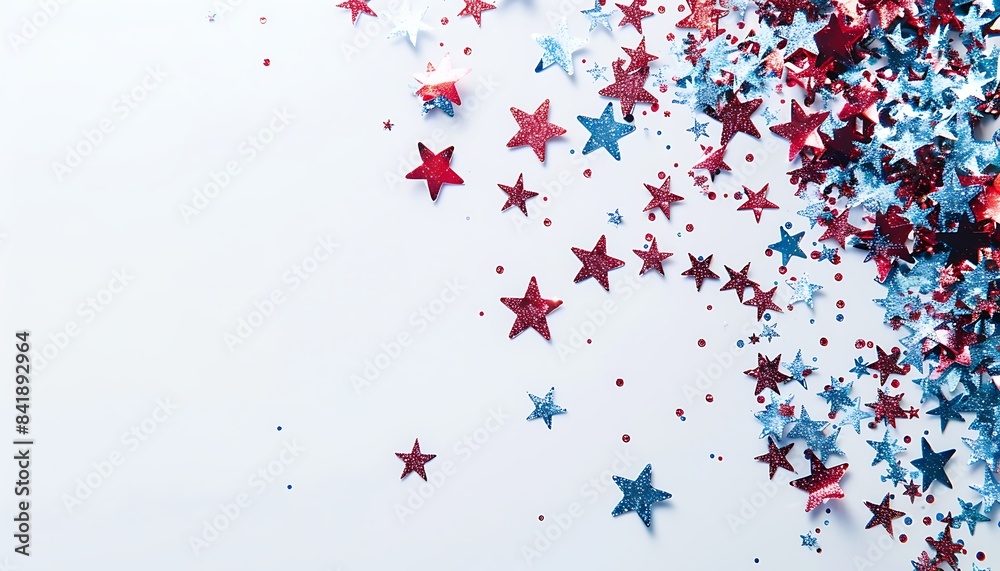 Delicate spread of red and blue star sparkles on a white backdrop, perfect for celebration themes. Delicate spread of red and blue star sparkles on a white backdrop, perfect for celebration themes.