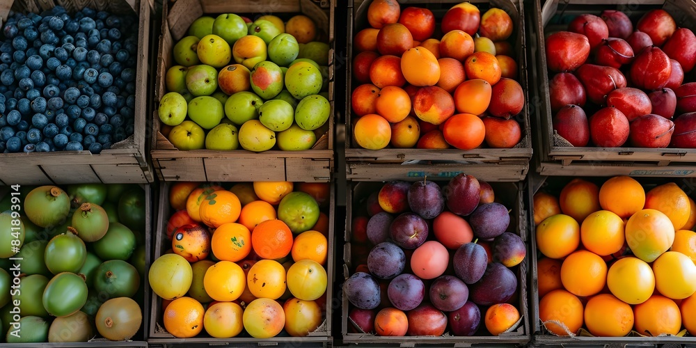 Market stall selling fresh fruit crates. Concept Market Stall, Fresh Fruit, Wooden Crates, Local Produce, Farmers Market Market stall selling fresh fruit crates. Concept Market Stall, Fresh Fruit, Wooden Crates, Local Produce, Farmers Market