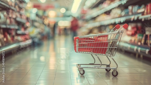 Shopping cart in grocery store aisle. Blurred background with unrecognizable people shopping. © Summit Art Creations