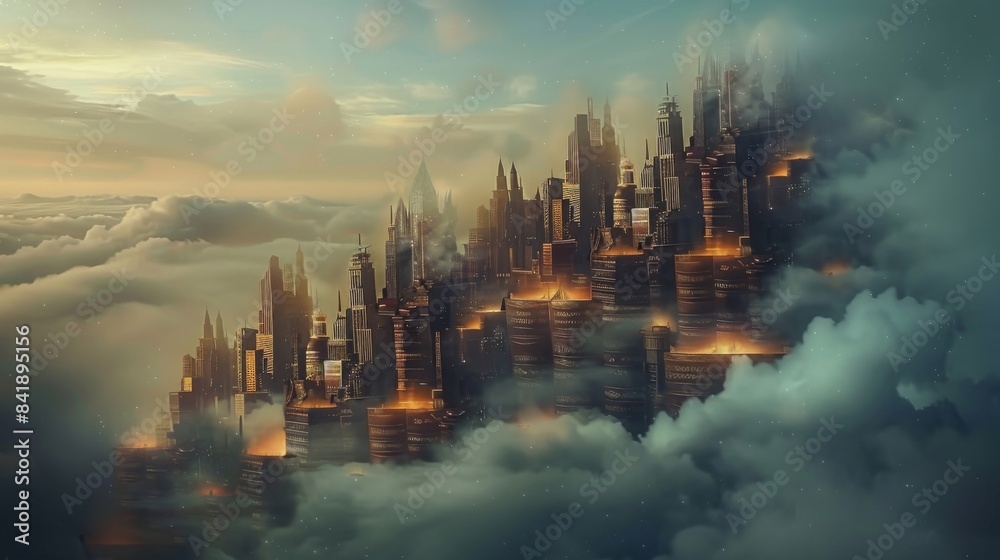 Obraz premium A cityscape with tall buildings and a cloudy sky
