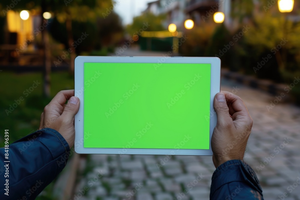 A person is using a tablet with a green screen, likely for video conferencing or virtual meeting A person is using a tablet with a green screen, likely for video conferencing or virtual meeting