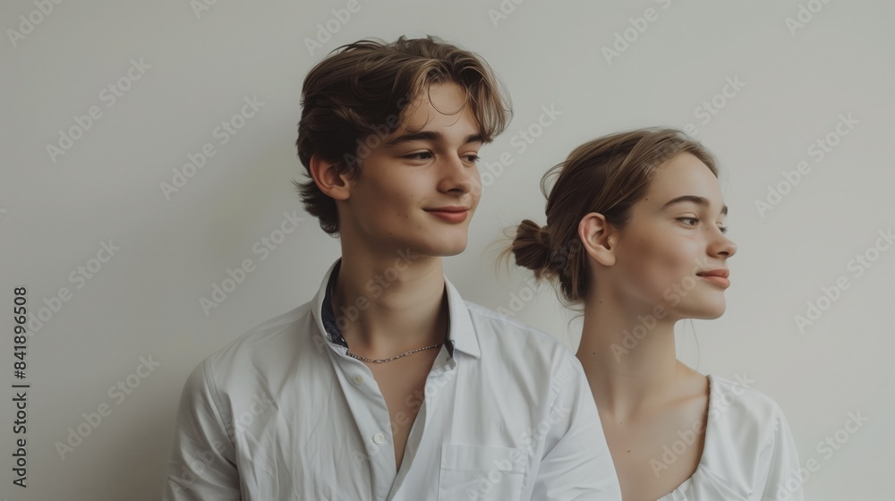 A young couple, a man and a woman, both in white shirts, pose for a portrait against a white wall