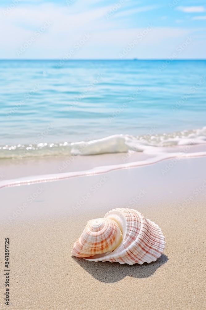 A shell is laying on the sand at the beach. The shell is white and orange, and it is laying on the sand in the sun. The beach is calm, and the water is gently lapping at the shore A shell is laying on the sand at the beach. The shell is white and orange, and it is laying on the sand in the sun. The beach is calm, and the water is gently lapping at the shore