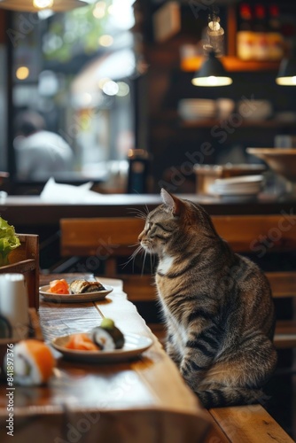 Wallpaper Mural A domestic cat sits comfortably on a table in a cozy restaurant setting, with potential uses for food-related or lifestyle photography Torontodigital.ca