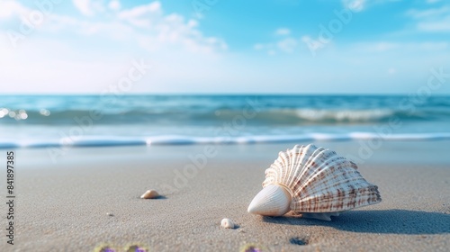 A shell is laying on the sand at the beach. The shell is white and orange, and it is laying on the sand in the sun. The beach is calm, and the water is gently lapping at the shore