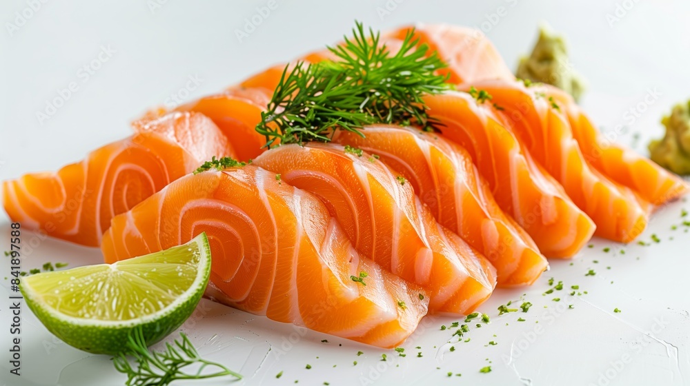 fresh salmon sashimi served with a wedge of lime, isolated on a white background. fresh salmon sashimi served with a wedge of lime, isolated on a white background.