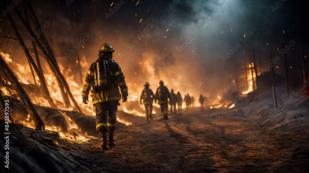 Fototapeta premium Firefighters in protective gear march towards a forest flames. Generative AI