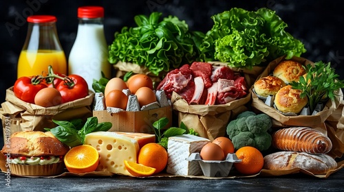 Fresh groceries like vegetables  fruits  eggs  dairy  and meats offer a healthy range of ingredients for cooking meal